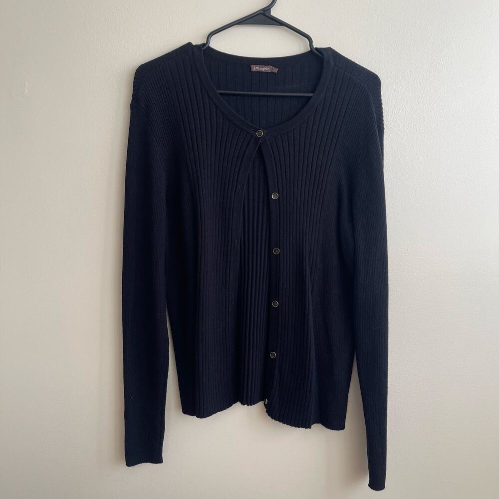J.McLaughlin Large Black Ribbed Knit Scoop Neck Button Front Cardigan Sweater